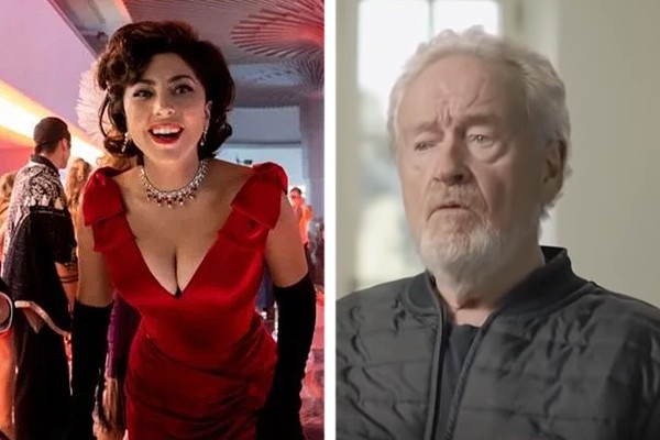 Lady Gaga no filme Casa Gucci (2021) (à esquerda); o diretor Ridley Scott comandou o longa (à direita) (Foto: Reprodução)