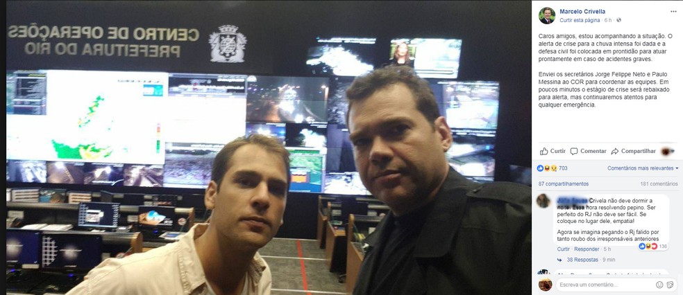 Crivella posta foto no Facebook sobre tempestade no Rio de Janeiro. (Foto: Reprodução/Facebook)