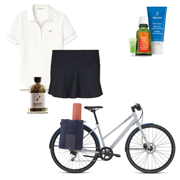 Camiseta Lacoste (R$ 579), ervas para banho energizante Casa Bravo (R$ 26), saia NU (R$ 200), bicicleta Vita Vinyasa (R$ 6.449), kit para esportistas Weleda (R$ 89,90) (Foto: DIvulgação)