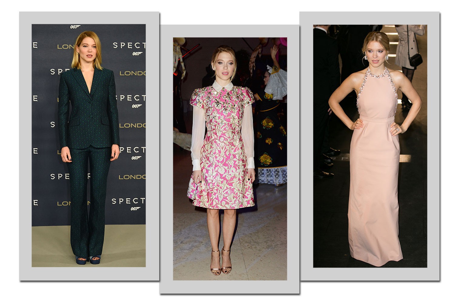 Da esquerda para a direita: Léa Seydoux usa terninho Miu Miu, Schiaparelli Couture e Miu Miu (Foto: Getty Images)