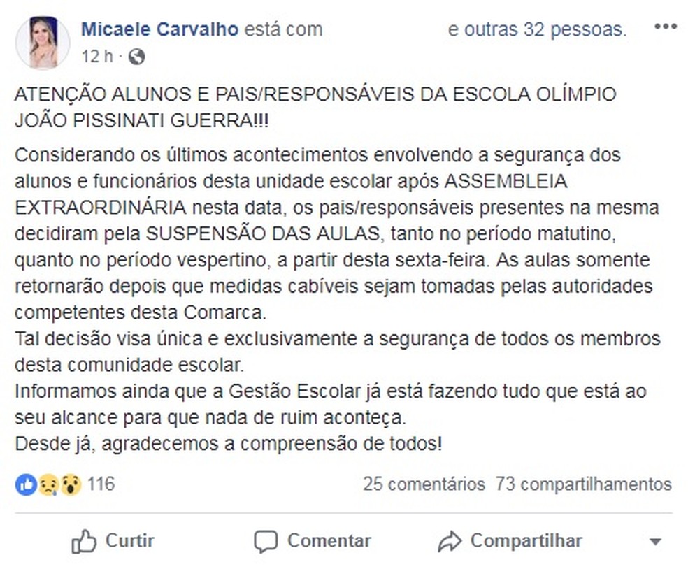 Diretora da escola fez post em rede social — Foto: Reprodução