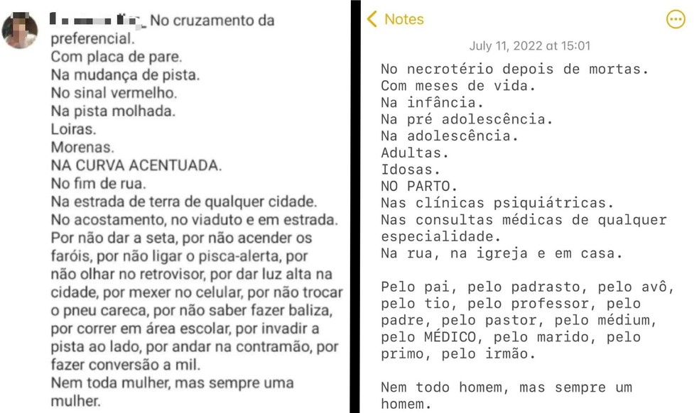 À direita, o texto é da artista em que fala sobre o estupro. À esquerda, o texto do estudante debocha da situação. — Foto: Redes sociais/Reprodução