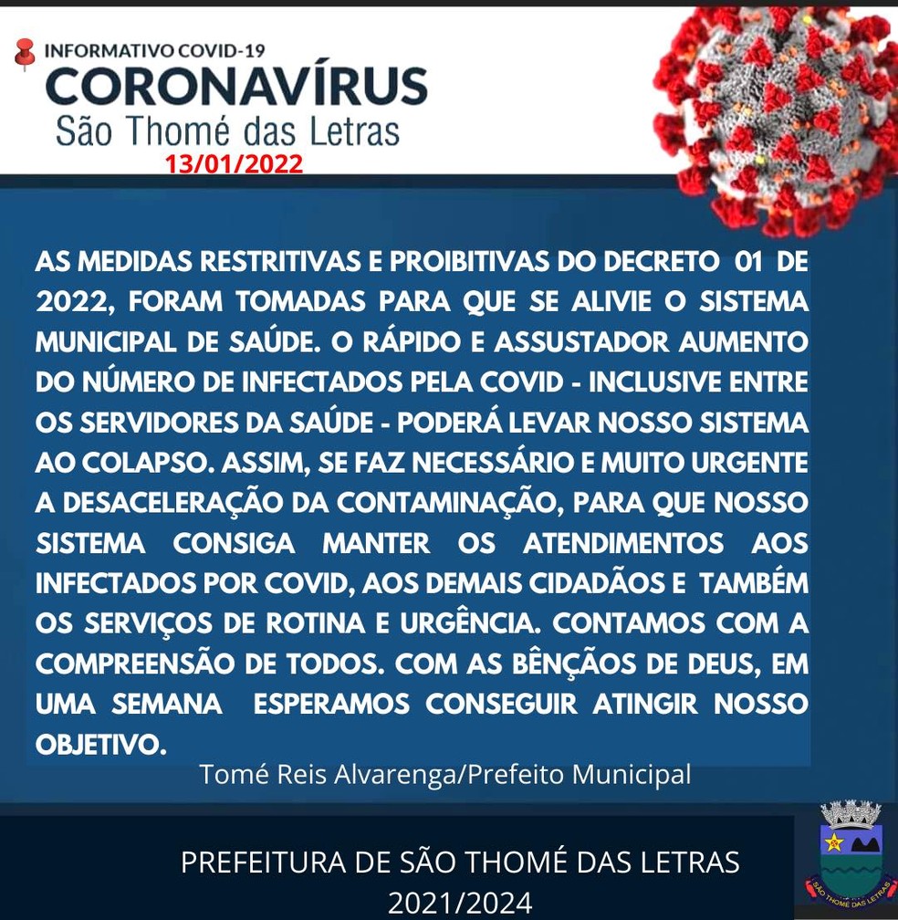 Prefeitura divulga novo decreto para tentar conter avanço da Covid-19 em São Tomé das Letras — Foto: Reprodução