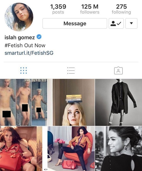 O perfil de Selena Gomez no Instagram ainda com as fotos de Justin Bieber pelado compartilhadas por hackers (Foto: Instagram)