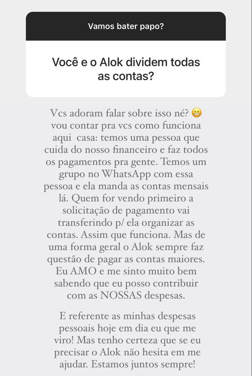 Publicações de Romana Novais sobre vida financeira com Alok (Foto: Reprodução/Instagram)