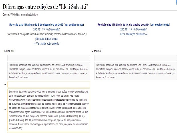 Perfil da ministra Ideli Salvatti na Wikipédia também foi alterado (Foto: Reprodução)