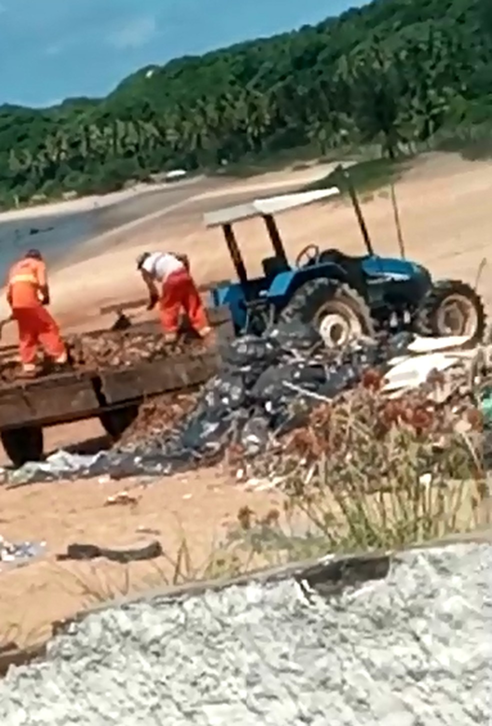 Lixo recolhido em praias de Baía Formosa é deixado em dois pontos na orla para futura remoção, segundo a prefeitura — Foto: Reprodução