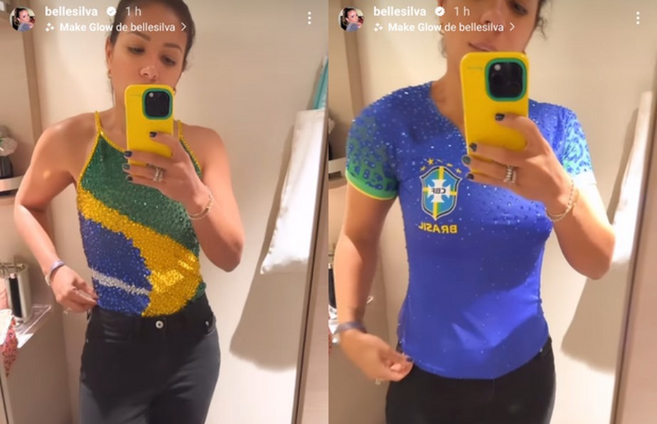 Belle Silva mostra roupas do Brasil com pedraria