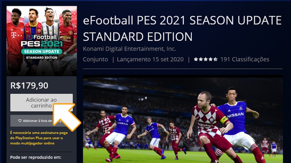 Na página de PES 2021 na PlayStation Store clique em "Adicionar ao Carrinho" para comprar o jogo — Foto: Reprodução/Rafael Monteiro