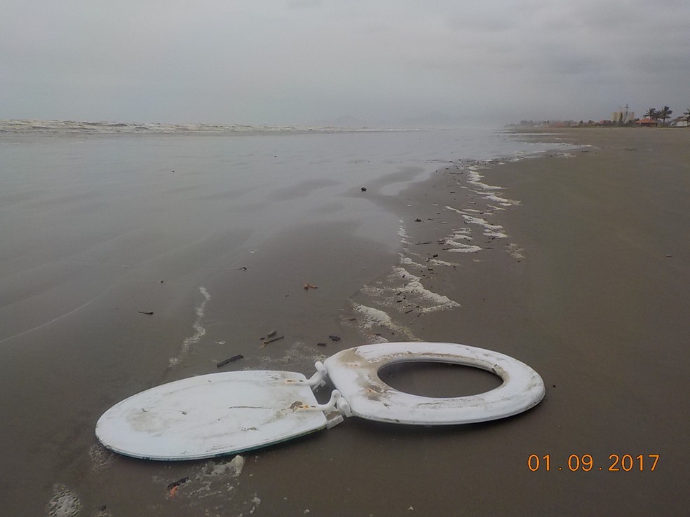Assento de vaso sanitÃ¡rio foi encontrado em praia no litoral de SP â€” Foto: Maria Carolina Ramos/Instituto Biopesca