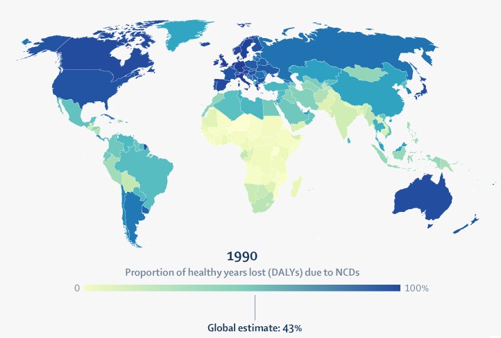 Taxa anos saudáveis perdidos (DALYs) por DNTs em 1990. Média global estimada de 43 (Foto: Global Burden of Disease 2019/The Lancet)