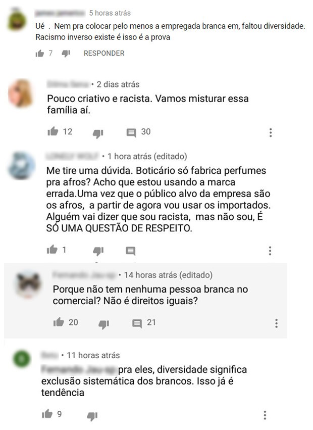 Comentários racistas reforçam o preconceito velado existente no Brasil (Foto: Reprodução/Youtube)
