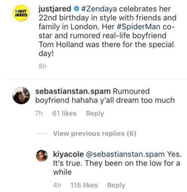 Comentário entregando o namoro de Zendaya e Tom Holland (Foto: Reprodução/Instagram)