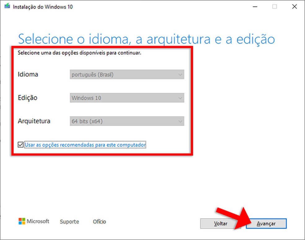 Para criar uma mídia do Windows 10 é necessário selecionar o idioma, a edição e a arquitetura do sistema — Foto: Reprodução/Rafael Leite