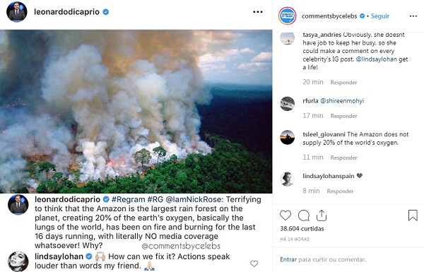 Post de Leonardo DiCaprio no Instagram sobre queimadas na Amazônia; comentário de Lindsay Lohan na publicação (Foto: Instagram)