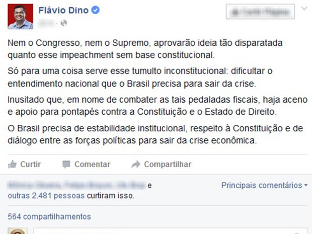 Postagem do governador do Maranhão, Flávio Dino (PC do B) (Foto: Reprodução/Facebook: Flávio Dino)