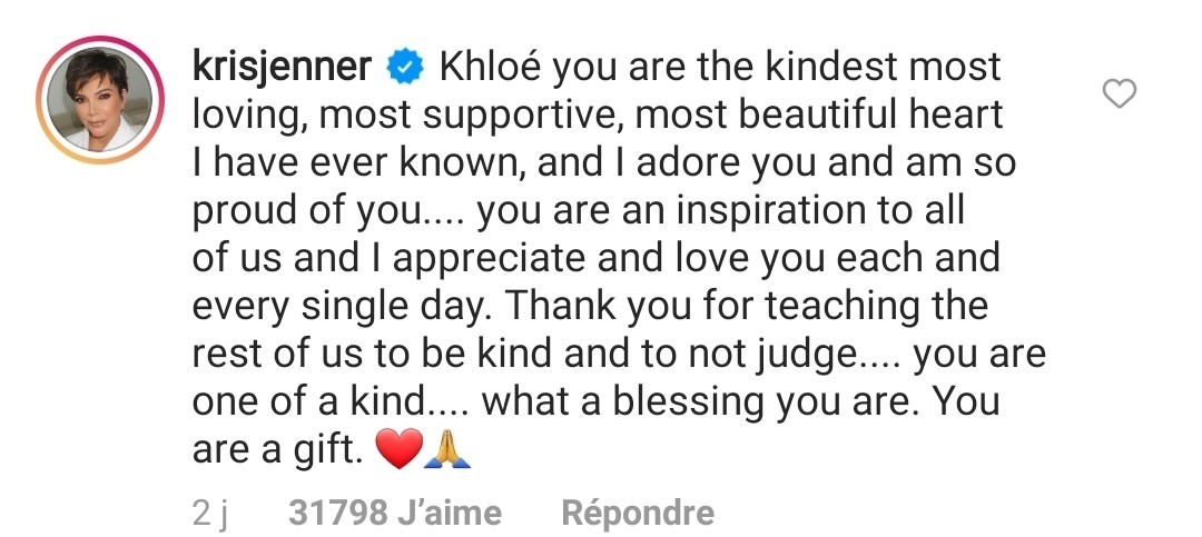 Kris Jenner respondeu ao post de Khloé nas redes sociais (Foto: Reprodução / Instagram)