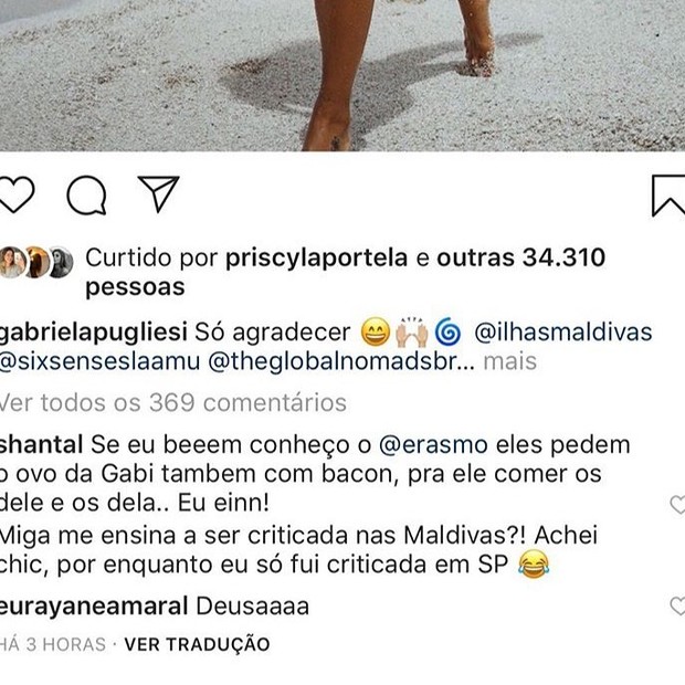 Shantal comenta em foto de Gabriela Pugliesi (Foto: reprodução/Instagram)