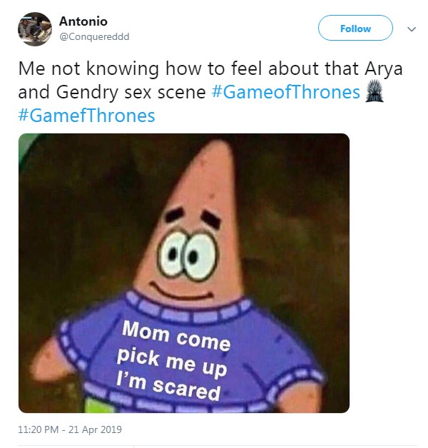 Tweet de fã sobre a cena de Arya e Gendry no episódio 2 da oitava temporada de Game of Thrones (Foto: Reprodução / Twitter)