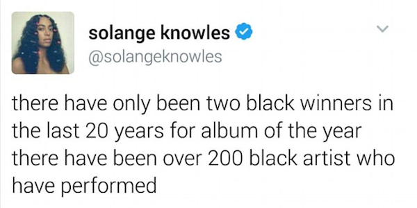 A mensagem publicada por Solange Knowles no Twitter e logo depois apagada (Foto: Twitter)