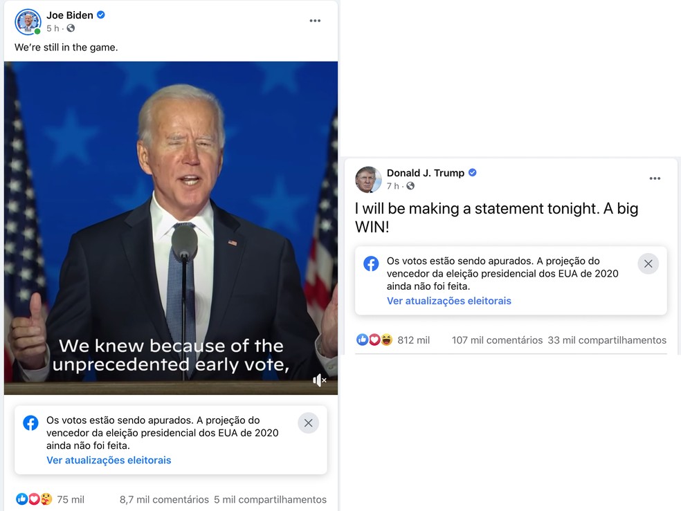 Facebook adicionou selo que diz que votos ainda estão sendo contados em publicações dos dois candidatos. — Foto: Reprodução