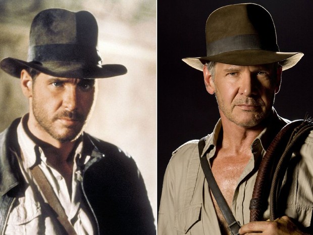 Harrison Ford em dois momentos da saga &#39;Indiana Jones&#39;: à esquerda, em &#39;Os caçadores da arca perdida&#39; (1981); à direita, em &#39;Indiana Jones e o reino da caveira de cristal&#39; (2008) (Foto: Divulgação)
