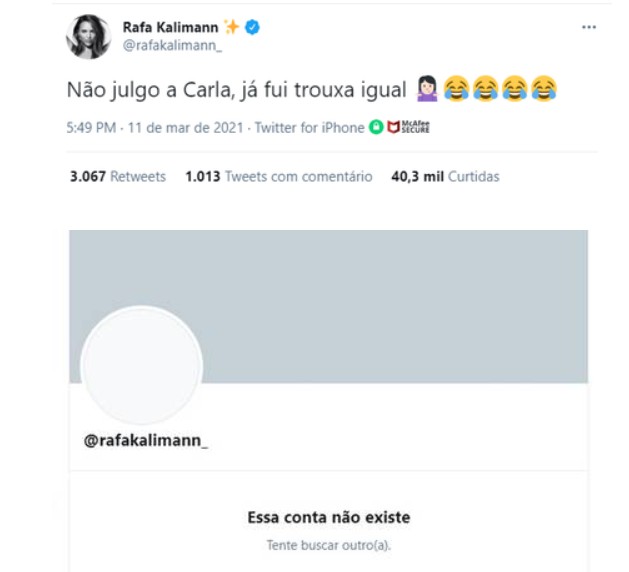 Rafa Kalimann desativa twitter após comentários de fãs de Rodolffo (Foto: Reprodução Twitter)