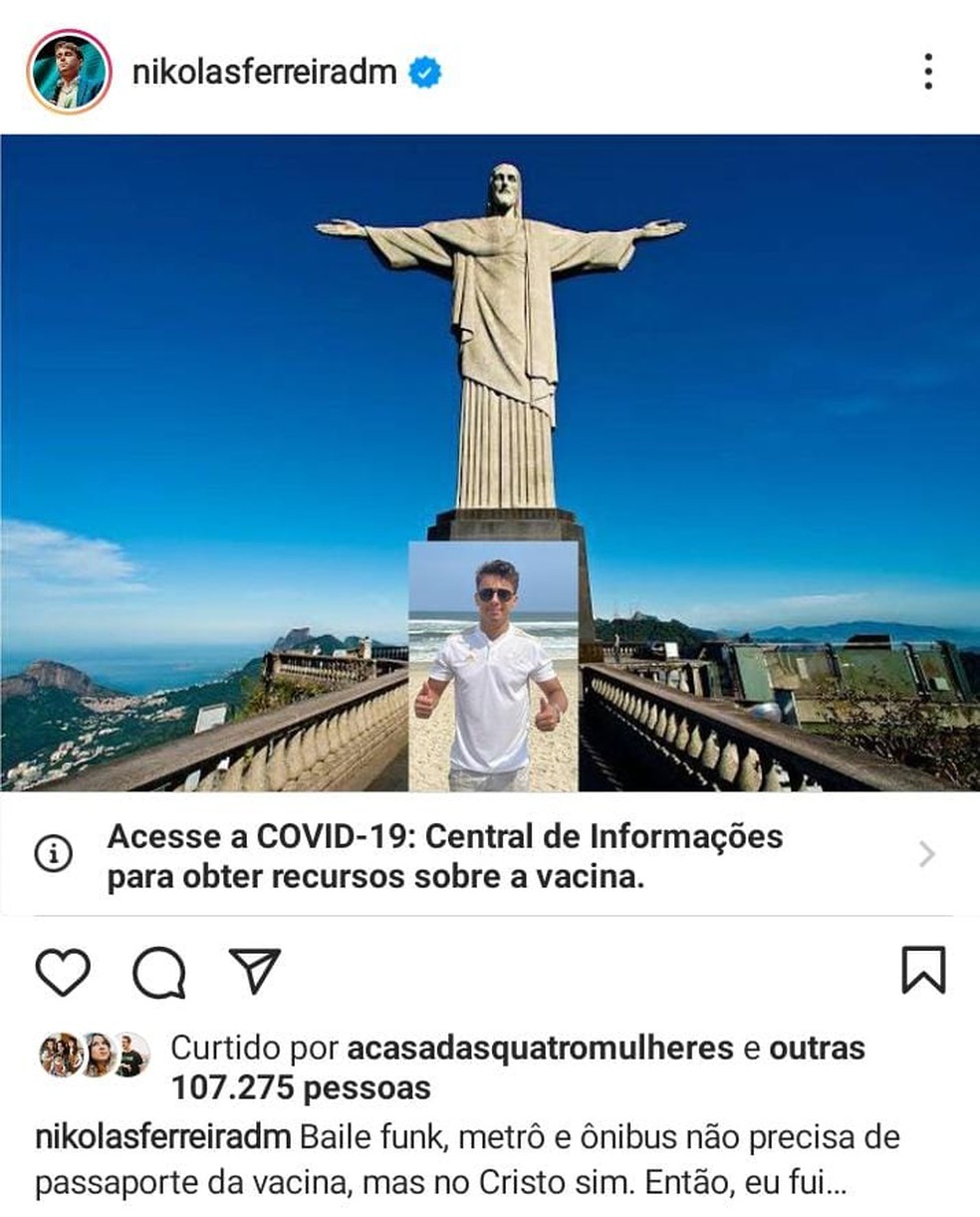 Vereador Nikolas Ferreira é barrado no Cristo porque não se vacinou contra Covid — Foto: Redes sociais 