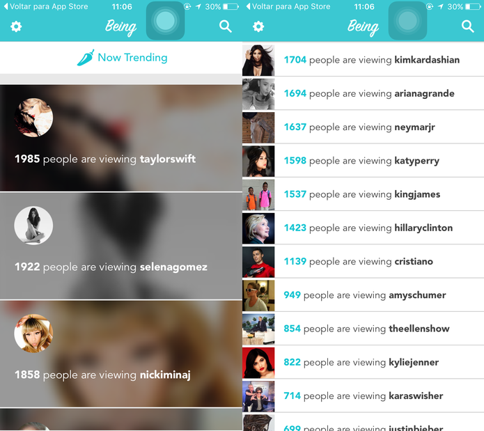 O aplicativo mostra uma lista com as celebridades mais acessadas (Foto: Reprodução)