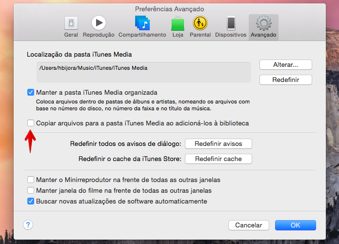Desativando c?pia de arquivos para a pasta do iTunes (Foto: Reprodu??o/Helito Bijora) 