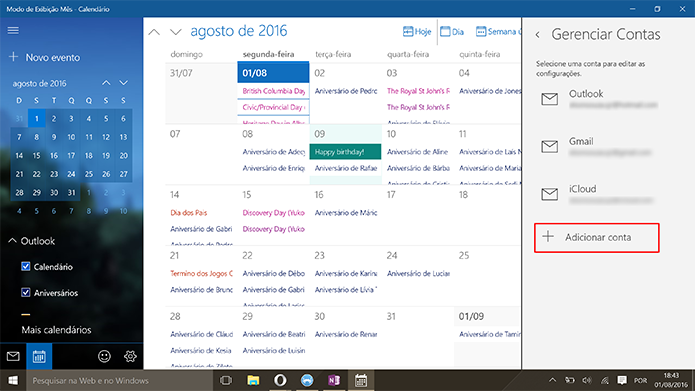 Toque em adicionar conta para usar o Google Agenda no Windows 10 (Foto: Reprodução/Elson de Souza)