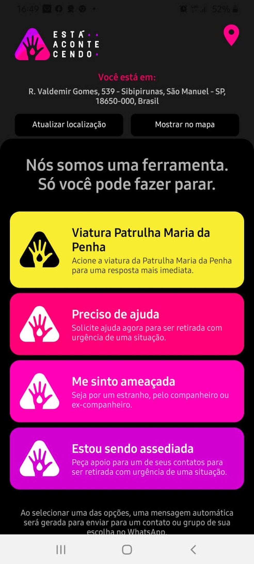 Aplicativo desenvolvido por estudante de Botucatu (SP) oferece até cinco botões de ajuda a vítimas de violência — Foto: Está Acontecendo/Reprodução