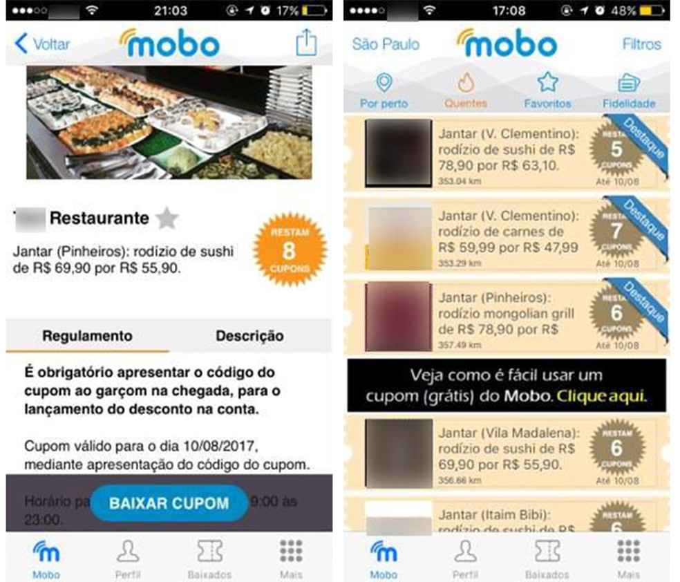 No Mobo, o usuário pode encontrar diversos descontos para comer em restaurantes (Foto: Reprodução/Caroline Brizon)