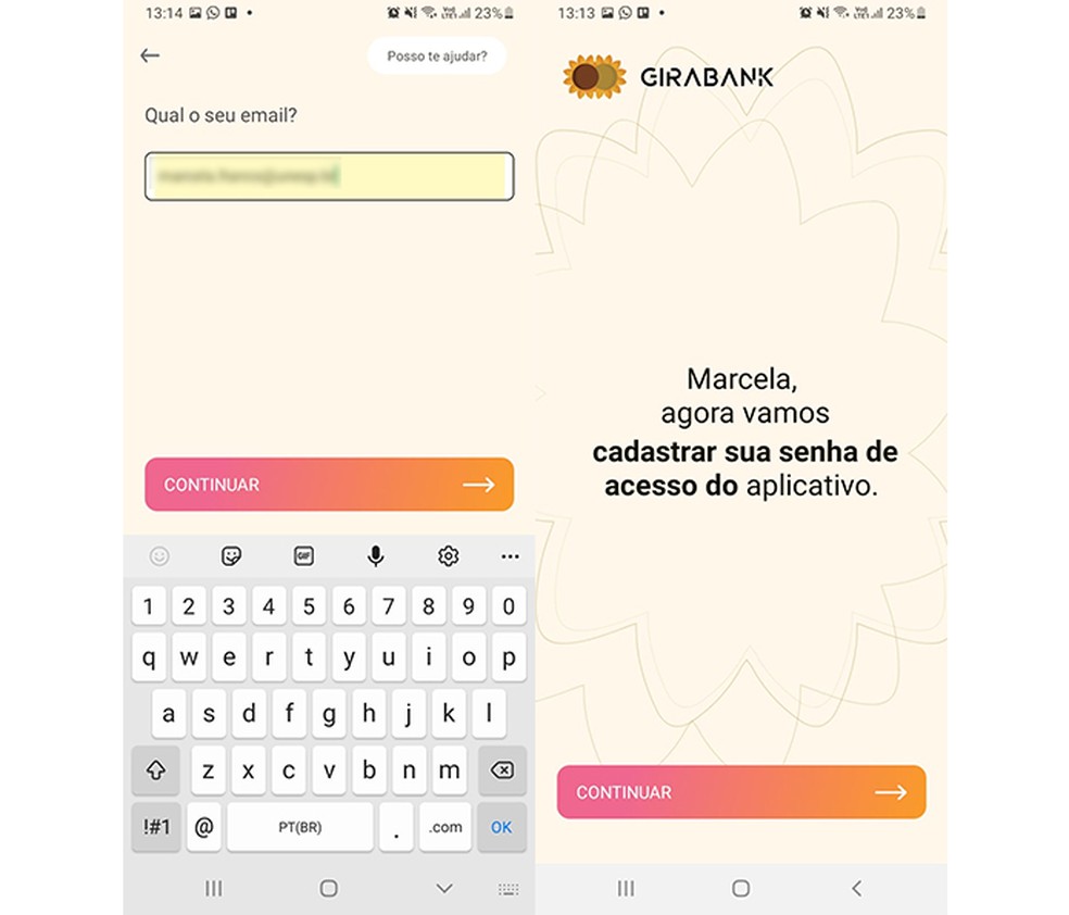 Procedimento de abertura da conta uma selfie e foto de um documento com foto — Foto: Reprodução/Marcela Franco