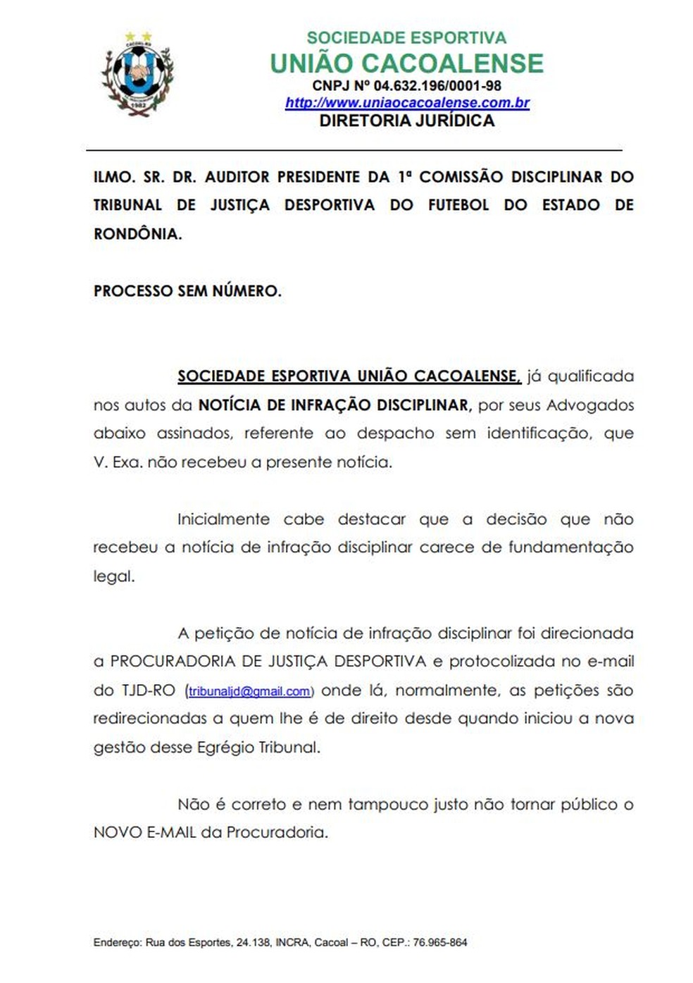 Caso Yan Philippe: União Cacoalense pede reconsideração de indeferimento no TJD/RO — Foto: Divulgação