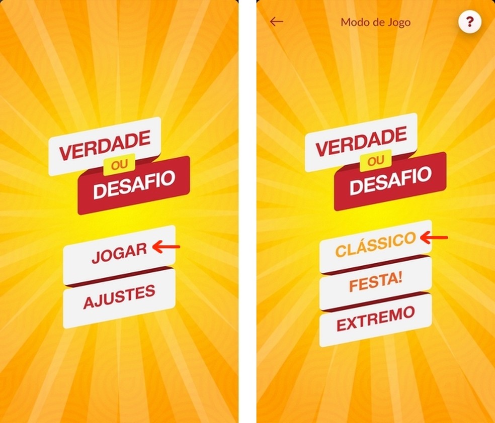 Telas iniciais do app Verdade ou Desafio, disponível para Android e iPhone (iOS) — Foto: Reprodução/Raquel Freire