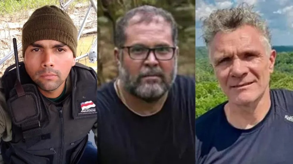 Da esquerda para a direita: Maxciel Pereira dos Santos, Bruno Pereira e Dom Phillips  — Foto: Montagem/Reprodução