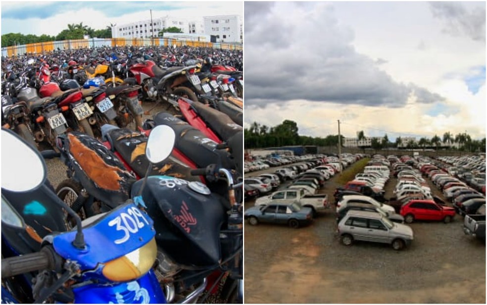 Motos e carros a serem leiloados pelo Detran — Foto: Leandro Vieira/Detran-GO