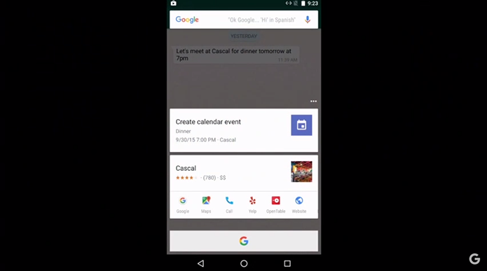 Now On Tap foi demonstrado, no lançamento do Android M, em funcionamento dentro do WhatsApp  (Foto: Reprodução/YouTube)