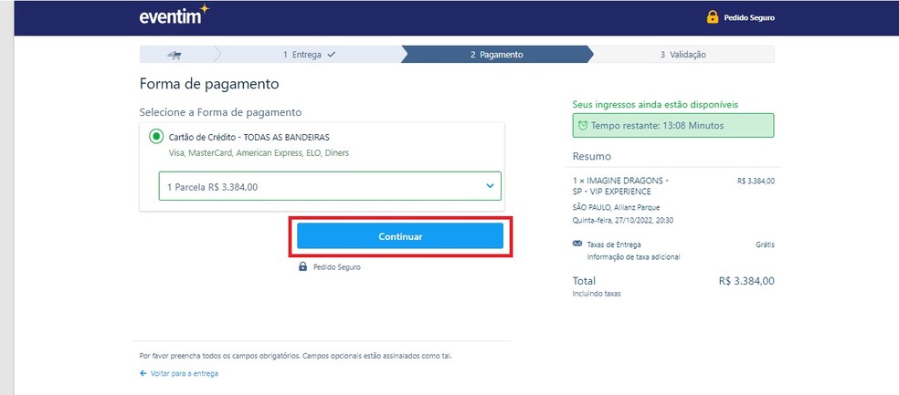 Sele&ccedil;&atilde;o de parcelamento para compra de ingressos no site da Eventim &mdash; Foto: Reprodu&ccedil;&atilde;o/Gabrielle Garcia