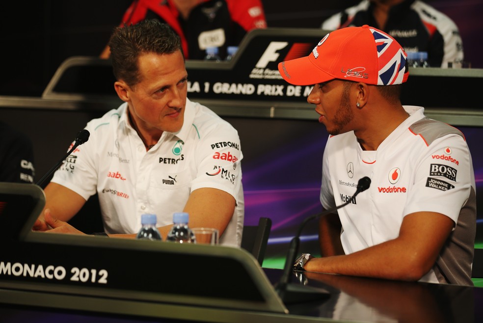 Michael Schumacher e Lewis Hamilton correram juntos na Fórmula 1 de 2010 a 2012 — Foto: Getty Images