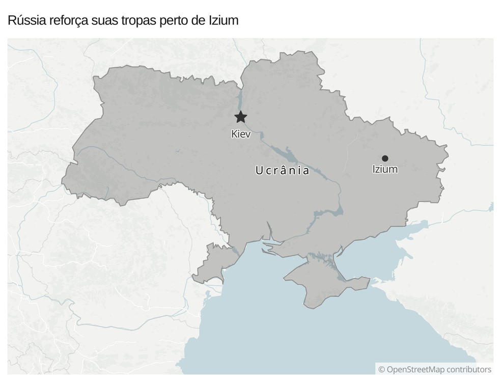 Mapa mostra a localização da cidade de Izium, na Ucrânia — Foto:  g1