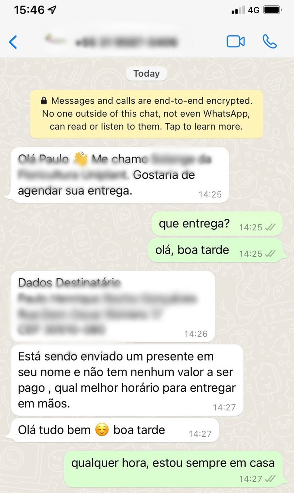 Mensagem recebida pela vítima de golpe do falso motoboy. — Foto: Paulo Gonçalves / Divulgação