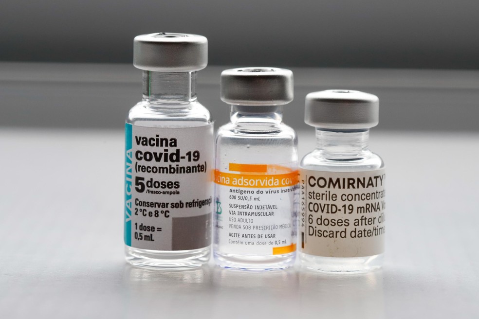 Frascos das vacinas de Oxford, CoronaVac e Pfizer  — Foto: Cristine Rochol/PMPA