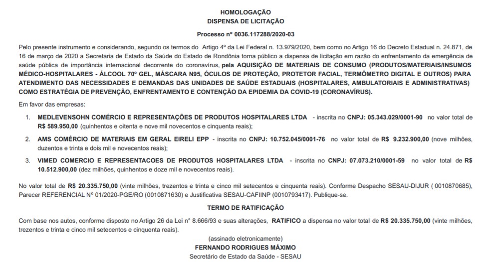 Termo para compra de produtos hospitalares para Rondônia no valor de R$ 20.335.750 — Foto: Reprodução/Diário Oficial 