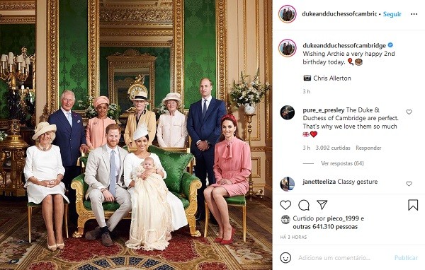 O post na conta oficial do Príncipe William e da duquesa Kate Middleton parabenizando o sobrinho, Archie, filho do Príncipe Harry com a atriz Meghan Markle, por seu aniversário de dois anos (Foto: Instagram)