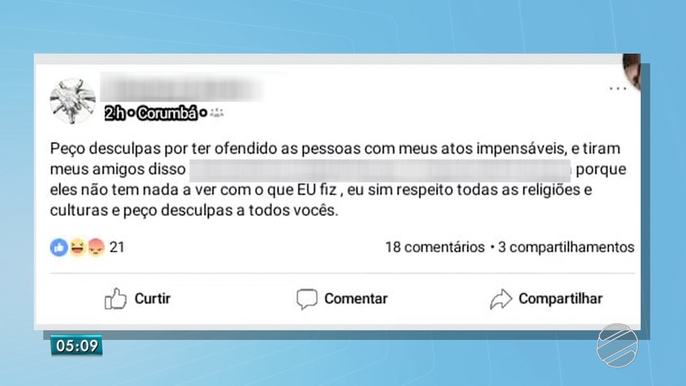 Jovem postou pedido de desculpas ap&oacute;s repercuss&atilde;o  (Foto: Reprodu&ccedil;&atilde;o/TV Morena)