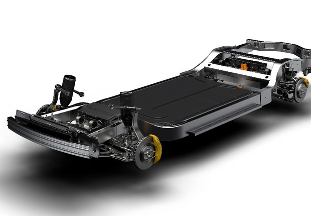 A "skateboard platform", chassi dos veículos elétricos da Rivian que será usada pela Ford (Foto: Rivian)