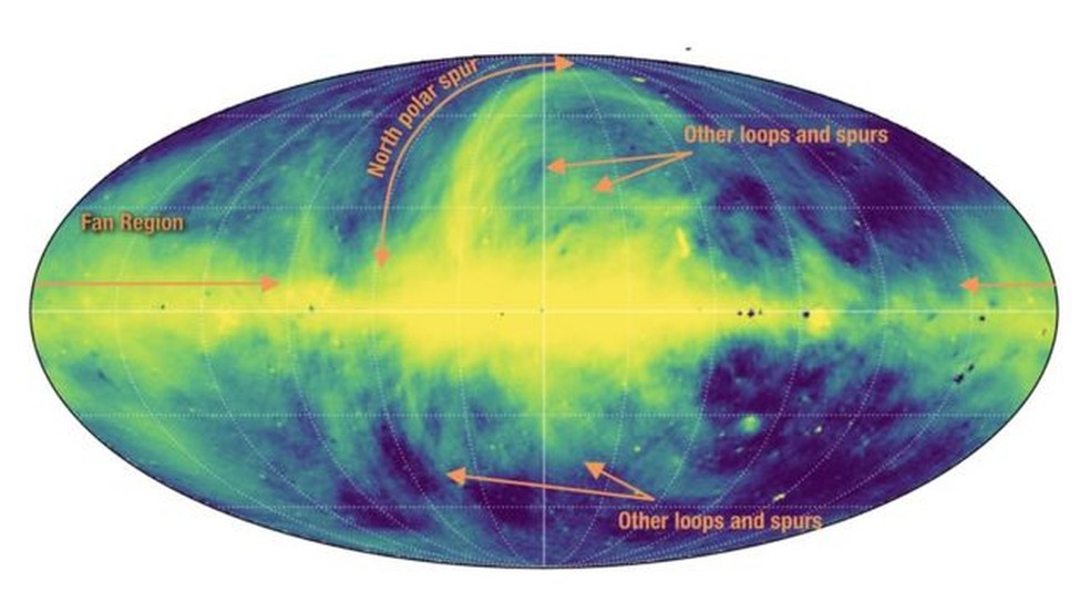 É assim que nossa galáxia é vista em ondas de rádio — Foto: HASLAM ET AL. (1982) COM ANOTAÇÕES DE J. WEST.