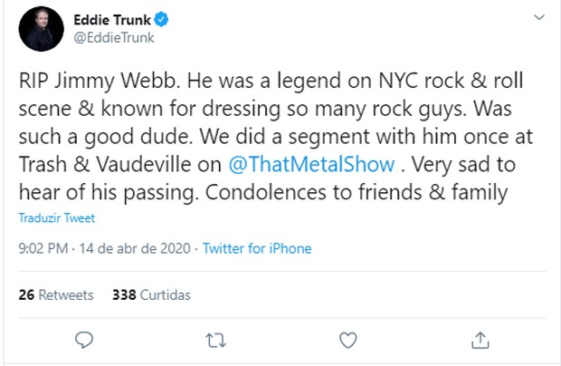 Historiador de rock Eddie Trunk lamenta morte de Jimmy Web (Foto: Reprodução/Instagram)